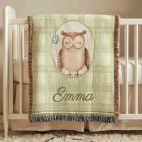 Personalized Owl Baby Blanket With Custom Name, Woodland Nursery Decor, Baby Shower Gift For Newborn