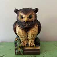 Large Vintage Owl Statue Books. Orzeck Terrastone. Carved Figurine. Hand-Painted Retro 8"tall. 