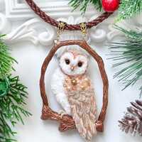 Handmade Embroidered Barn Owl Necklace, Beaded Crystal Pendant