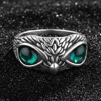 Gothic Owl Ring, Emerald Green Eyes, Sterling Silver Adjustable Band
