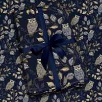 Owl Wrapping Paper Midnight Navy Blue and Golden Pattern Gothic Forest Gift Wrap for Bird Lovers