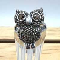 Sterling Silver 925 Marcasite Owl with Smoky Quartz Eyes Ring Size 8 US
