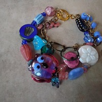 Handcrafted Lampworked Owl in a Multi Strand Boho Asymmetrical Bracelet with Cherry Quartz Charms Cz
