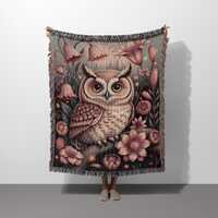 Woven Owl Floral Blanket, Woodland Art Throw, Cozy Elegant Home Decor