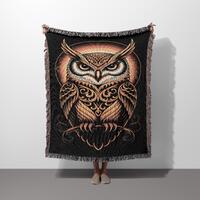 Ornate Owl Illustration Woven Blanket, Mystical Animal Art Throw, Cotton Home Décor