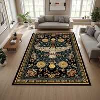 Mystic Owl Persian Area Rug, Dark Navy Vintage Floral Carpet, Boho Gothic Floor Decor Statement for 