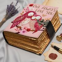 Cute Owl Love Leather Journal – Handmade Romantic Notebook with Lock, Vintage Deckle Edge Pape
