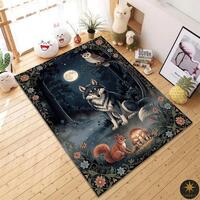 Moonlit Forest Wolf Owl Rug Mystical Woodland Carpet Dark Fantasy Home Decor Nature Art