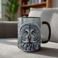 Gray Owl Mug, Misty Forest, Van Gogh Style Art