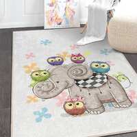 Colorful Elephant Owl Kids Area Rug|Animal Themed Nursery Carpet|Playroom Mat|Washable