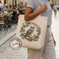 Owl Tote Bag with Zipper, Vintage Floral Wreath Canvas Bag, Nature Lover Gift, Reusable Grocery Bag,
