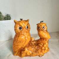Vintage Owls Wax Candle Figurine 4.75" Orange-Brown Unused 1970's MCM Boho. Owls on a log.