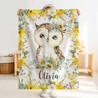 Personalized Owl Baby Blanket, Custom Name Sunflower Floral Minky Woodland Nursery Gift