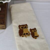 1970's OWL HAND TOWEL Martex yellow terrycloth with embroidered owls, mcm bathroom towel, vintag