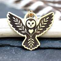 Brass Barn Owl Necklace- Bronze Flying Owl Pendant Necklace- Folk Owl Jewelry
