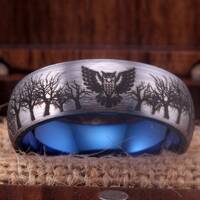 Tungsten Carbide Owl Ring, Forest Scene, Wedding Band