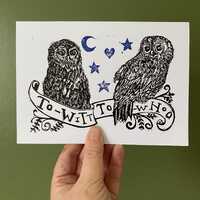 Lino printed Owl Valentines Card