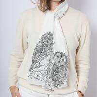 Owl Hand Painted White Silk Chiffon Bird Shawl Owl Gift Valentines Gift 57X16