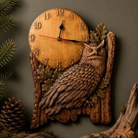 Animal Carved Wood Clock, Owl Wall Clock for Forest Cabin Decor, Woodland Gothic Home Art, Rustic Wi