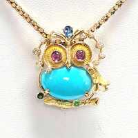 Incredible Vintage 18k Owl Pin/ Pendant with Turquoise, Diamonds & Semi-Precious Gems