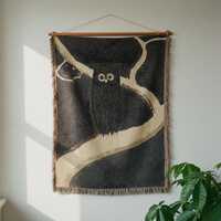 Moody Owl Modern Woven Tapestry Wall Hanging Abstract Owl Art Minimal Wildlife Textile Dark Neutral