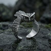 Sterling Silver Owl Ring &ndash; Hand Carved Feather Band for Men, 925 Animal Jewelry