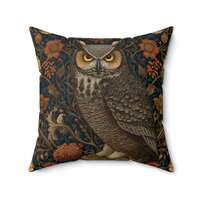 Owl Botanical Throw Pillow, William Morris Style Woodland Bird Cushion, Vintage Floral Nature Decor