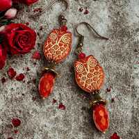 Red Czech Glass Owl Earrings &ndash; Valentine's Brass Dangle