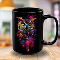 Neon Color Drip Owl Mug | Black Ceramic Coffee Mug 11oz 15oz