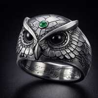 Mechanical Owl Ring 925 Sterling Silver, Emerald Green Cabochon, Cyberpunk Owl Head Statement Band
