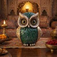 Handcrafted Brass Owl Statue | Green Feather Detailing, Vastu Decor