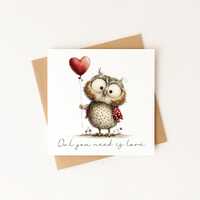 Cute Owl Valentine&rsquo;s Day Card &ndash; Owl You Need Is Love, Whimsical Love Card, Square Greeti