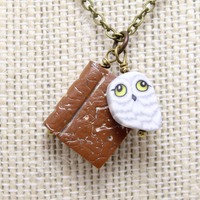 Book Pendant Necklace with Owl Charm in Polymer Clay