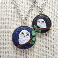 Night Owl Pendant Necklace in Black or Blue Polymer Clay