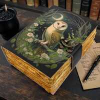 Owl Leather Grimoire Journal Gothic Witchy theme – Blank spell Book of Shadows, Deckle Edge pa
