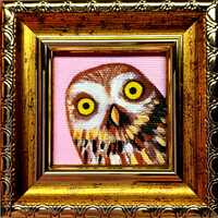 Funny Owl Oil Painting: Gift, Miniature Wall Decor, Framed Bird Art 2x2