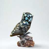 Vintage Hand-Carved Wooden Owl Figurine on Wooden Branch - 3&rdquo;