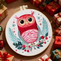 Festive Winter Owl Embroidery Kit - Beginner-Friendly Holiday Needlework Set