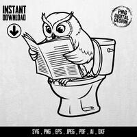 Owl on Toilet Reading Digital SVG PNG Clipart, Bathroom Art Print, Funny Animals Drawing, Restroom D