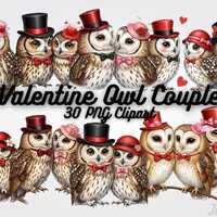 Valentine Owl Couple Clipart &ndash; Romantic Animal PNG Art (Digital Download)