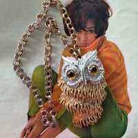 1970s Brutalist Owl Pendant Necklace Mixed Metal Gold Silver Chunky Statement Vintage Costume Articu