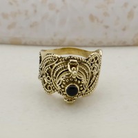 Vintage Style Owl Ring with Black Stone, Gold Tone Filigree Owl Ring, Boho Statement Bird Ring, Goth