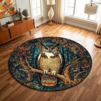 Vintage Owl Round Area Rug, Woodland Forest Autumn Carpet, Boho Rustic Living Room Bedroom Home Deco