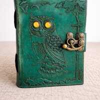 Handmade Green Leather Owl Journal &ndash; Vintage Lock Diary, Sketchbook