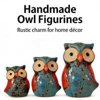 Handmade Ceramic Owl Family &ndash; Rustic Blue Glazed Figurines, Set of 3