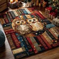 Cozy Owl Library Area Rug, Vintage Bookcase Floor Rug, Christmas Owl Reading Carpet, Book Lover Wint
