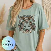 Vintage Owl Tattoo T-Shirt, Mystic Flight Graphic Tee,  Retro Boho Animal Art Gift