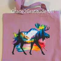 Montana Wildlife Tote Bag: Colorful Moose, Magestic Owl, Mountains, Forests (15"x15")