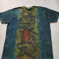 Baby owl perched on leafy branches, small birds, leaves on blue background, printed, discharged, dye