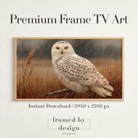 Winter Snowy Owl Frame TV Art - Rustic Neutral Wildlife Digital Art, Serene Nature Decor, Textured R